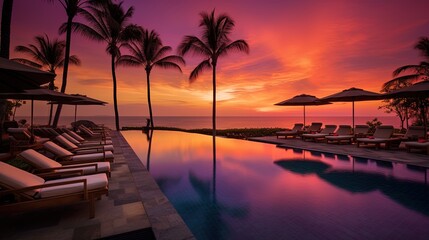 Naklejka premium Infinity pool reflecting vibrant sunset over tropical ocean