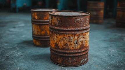 Fototapeta premium Rusty barrels factory floor industrial background.