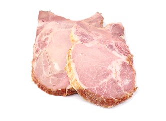 Two smoked pork chop steaks  on white background.	