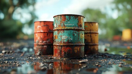 Obraz premium Rusty barrels, oil spill, forest, pollution.