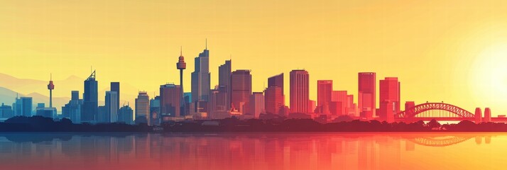 Fototapeta premium Urban skyline with iconic towers and bridges glowing under a vibrant sunset in the city. Generative AI