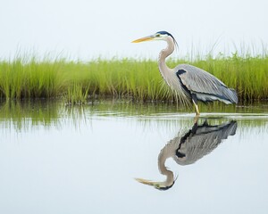 Obraz premium Majestic Great Blue Heron in Calm Waters Wetlands