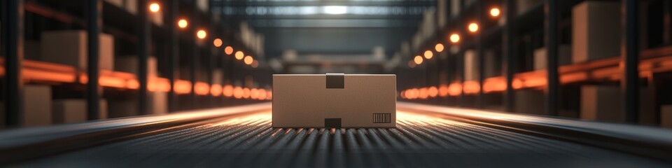 Single Cardboard Package Travels Alone Along Conveyor Belt Through Warmly Lit Distribution Warehouse