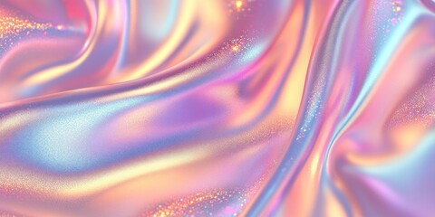 Fototapeta premium Colorful iridescent, holographic rainbow foil texture background. Iridescent fabric trendy cloth holographic texture purple pink blue metal