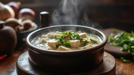 A deliciously steaming hot pot on a wooden table with a variety of fresh ingredients like tofu, mushrooms, and herbs.
