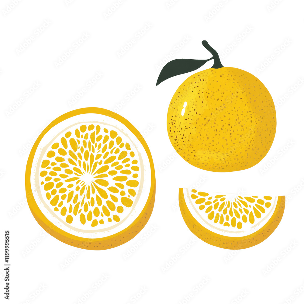 Poster this image shows a stylized whole orange, a halved orange, and a segment of an orange.