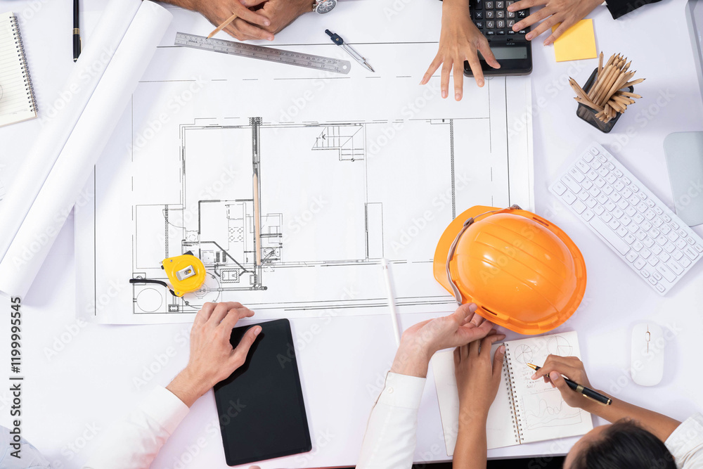 Poster top view banner of diverse group of civil engineer and client working together on architectural proj