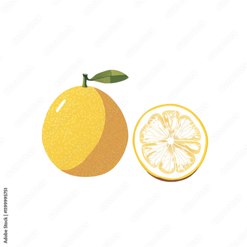 Poster a simple illustration depicts a whole lemon and a cross-section of a lemon half against a neutral ba
