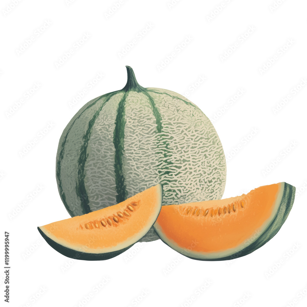 Poster A single whole cantaloupe and two of its slices are displayed against a light background showcasing its color and texture.