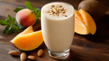 Fresh smoothie with nuts and peach slices on wooden table
