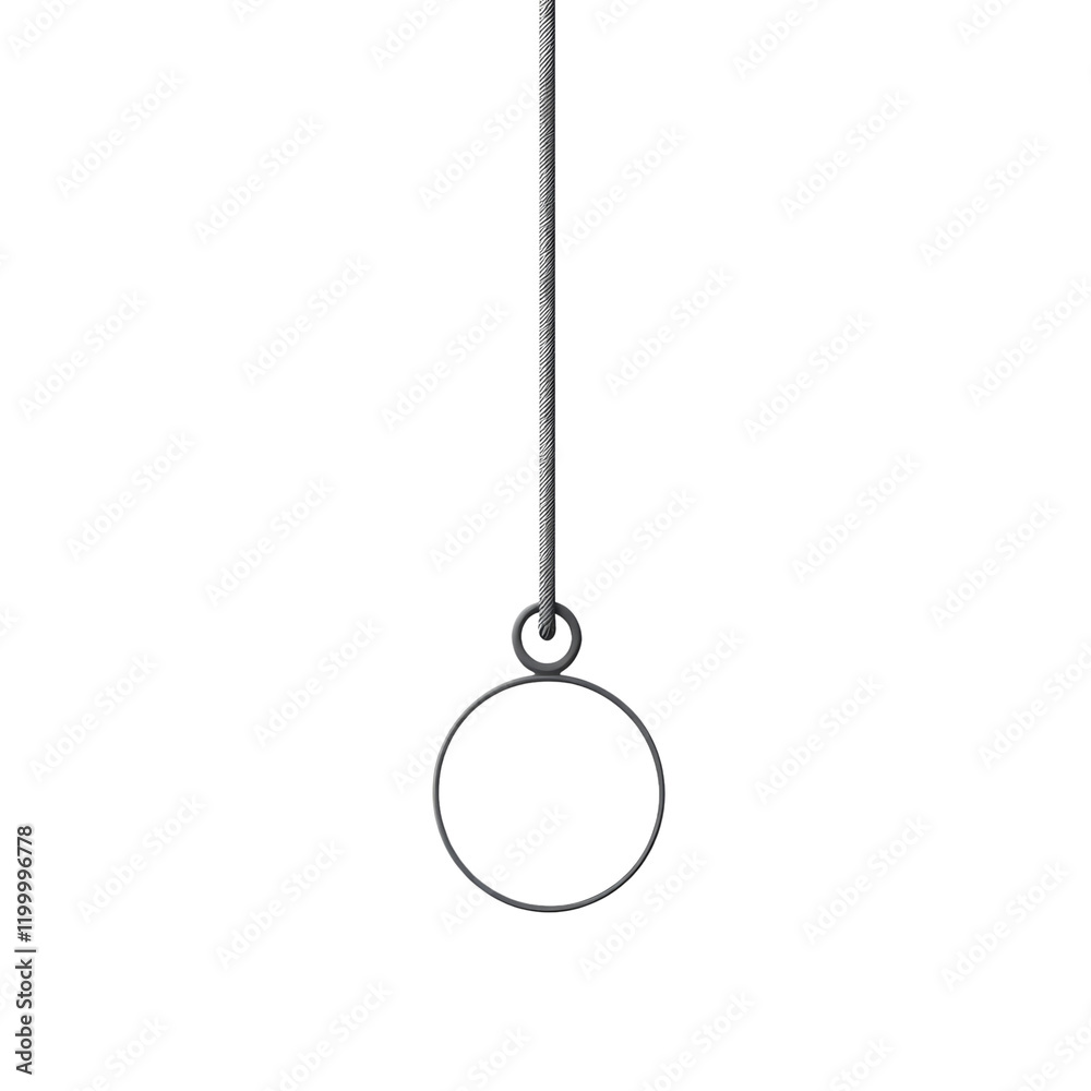 Poster A minimalist image showing a circular pendant hanging from a twisted gray cord against a white background.