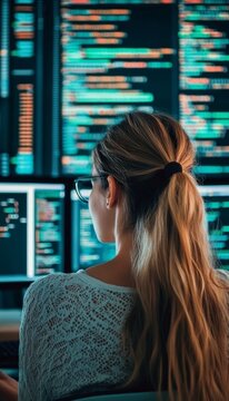 Female Software Engineer Working Late, Focused on Coding on Multiple Monitors in a Dark Office