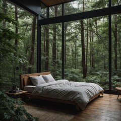 Forest Hideaway A bedroom surrounded by nature, with a glass wall overlooking dense green trees, a cozy bed, and earthy accents.

