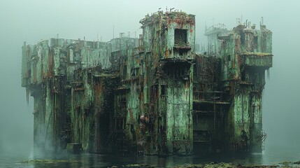Obraz premium Rusty Shipwreck Foggy Coast Apocalypse Concept Art.