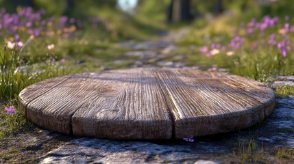 Rustic Wooden Platform Surrounded by Wildflowers in Nature Scene