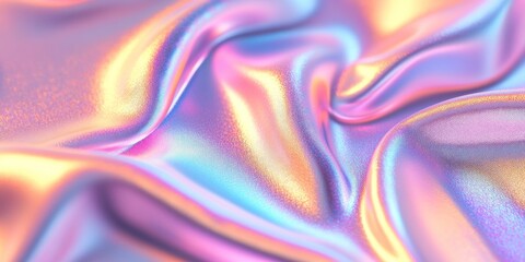 Obraz premium Colorful iridescent, holographic rainbow foil texture background. Iridescent fabric trendy cloth holographic texture purple pink blue metal