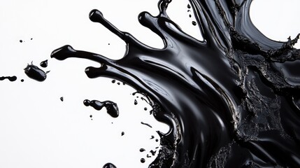 Close-up of a black liquid splashing on a white background, useful for scientific or technology-related illustrations