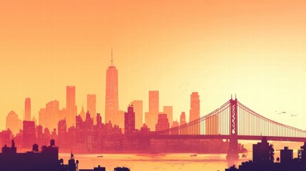 Fototapeta premium Urban skyline illuminated by sunset featuring iconic towers and a bridge with vibrant colors over calm waters. Generative AI