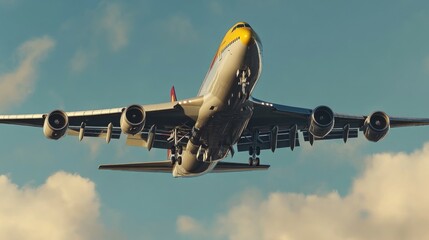 A large commercial airliner soars through a cloudy blue sky, providing a sense of transportation...