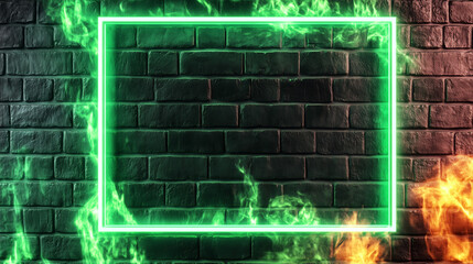 Glowing green neon rectangular frame on dark bricks background with copy space