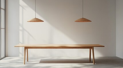 A minimalist dining area featuring a large, simple table with natural wood and subtle pendant lighting above.