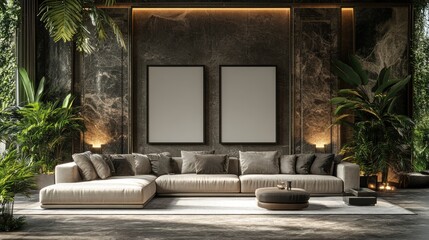 Elegant Modern Living Room with Green Plants and Neutral Tones