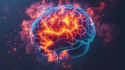 Vibrant Electric Brain Illustration with Fiery Neural Connections