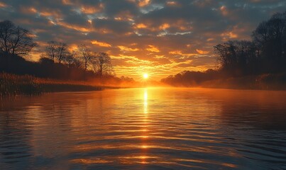 Fototapeta premium Golden sunrise over calm river, trees silhouetted.