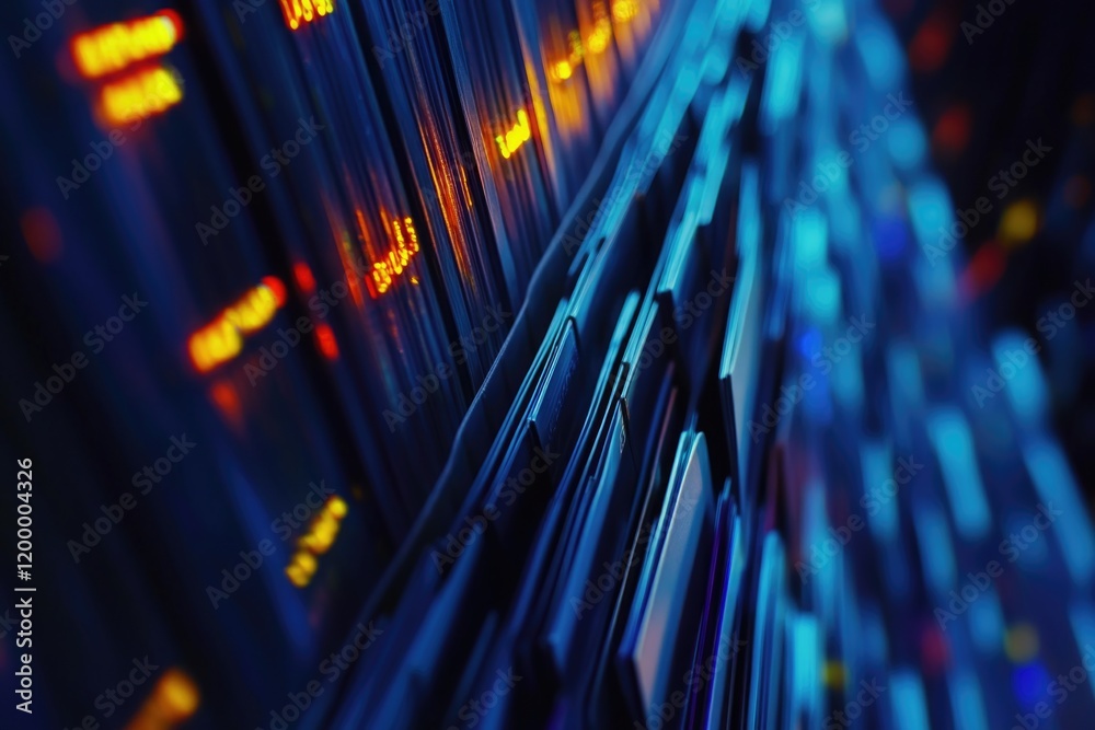 Poster close-up view of multiple servers in a server room setting, suitable for use in tech-related context