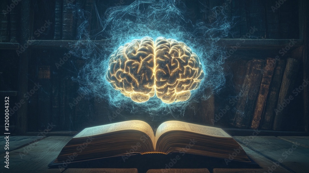 Aufkleber Glowing Brain Above Open Book In Library Setting