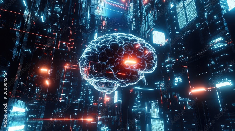 Poster digital brain within a futuristic cityscape network