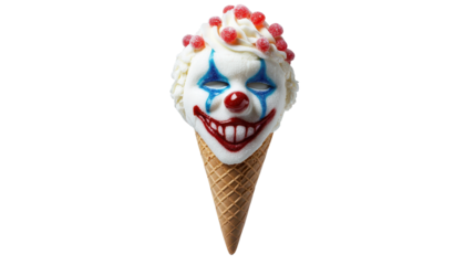 A whimsical clown-themed ice cream cone with vibrant toppings. transparent background