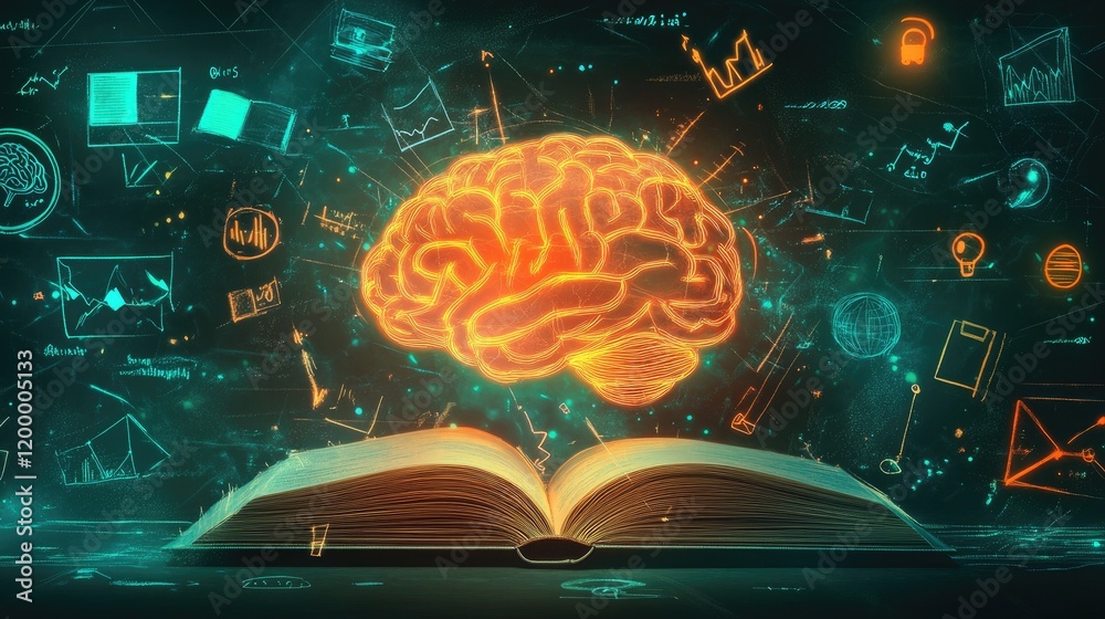 Poster illuminated brain above open book knowledge