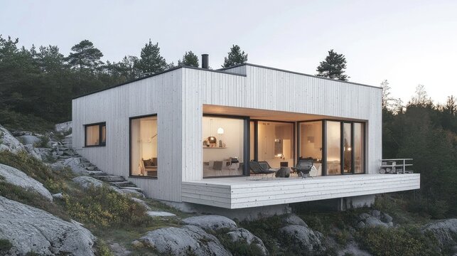 A modern Nordic home exterior with white walls, large windows, and a natural wooden facade.