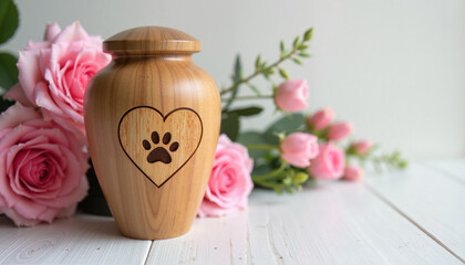 Wooden cremation urn with paw print heart design surrounded by pink roses on white table for pet...