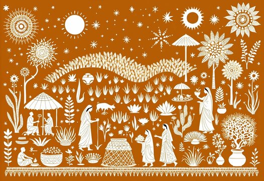Stylized Hindu harvest festival celebration scene on brown background. Tamil holidays and warli painting art concept. For Thai Pongal. Pattern illustration for poster, card, design 