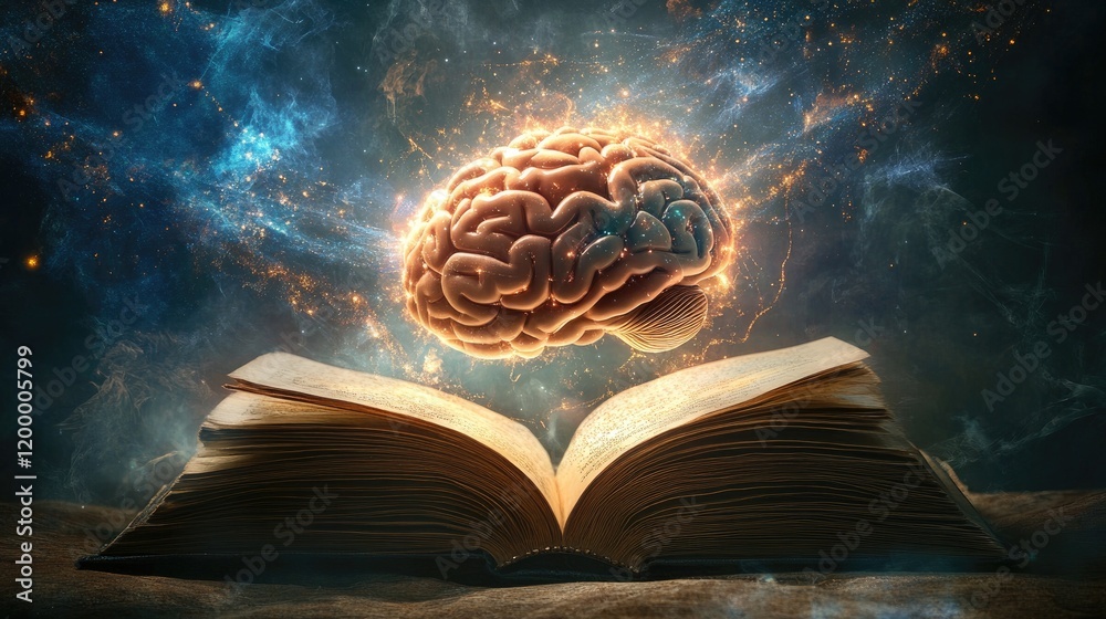 Aufkleber Glowing Brain Above Open Ancient Book of Knowledge