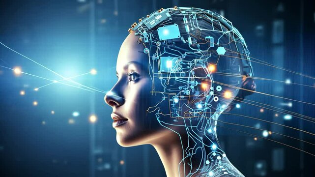 woman human robot cyber technology head brain ai generated video concept