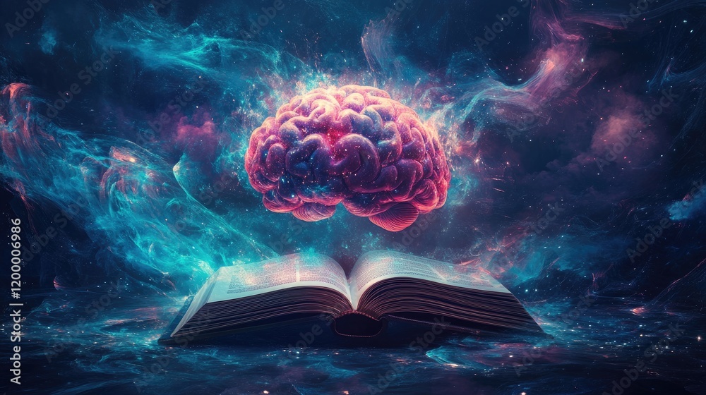 Poster cosmic brain above open book of knowledge