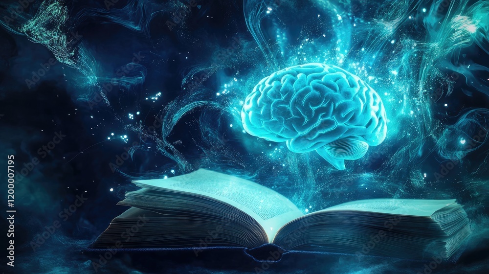Aufkleber Glowing Brain Emerging from an Open Ancient Book