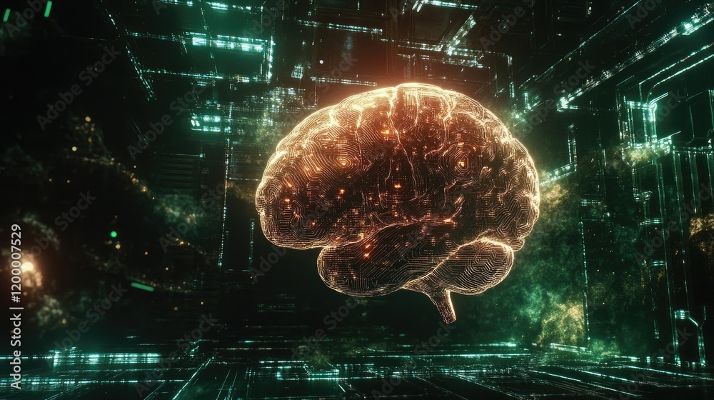 Poster digital brain illuminated within futuristic cityscape