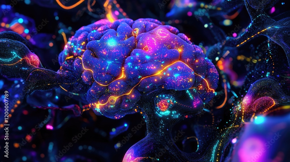 Poster a vibrant digital rendering of a human brain
