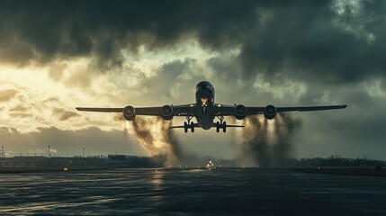 Naklejka premium A powerful shot of a plane taking off from the runway, with the engines roaring and lifting off into the sky.