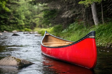 Fototapeta premium A red canoe sits on the riverbank, ready for use