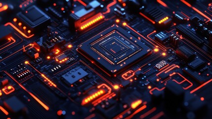 Obraz premium High-Tech Circuit Board with Neon Orange Highlights and Dark Background