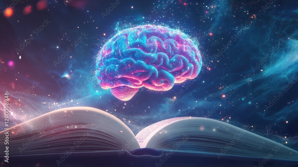 Poster Luminous Brain Above Open Book Illuminating Knowledge