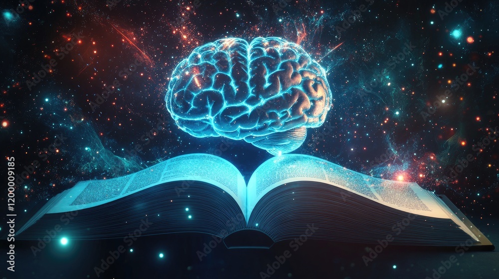 Poster illuminated brain above open book in cosmic space