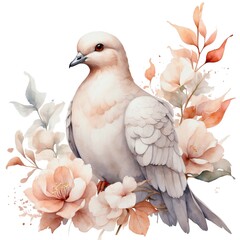 Obraz premium Watercolor illustration portrait of a white dove bird animal on isolated white background, culture and religion, christianity and nature theme concept. 