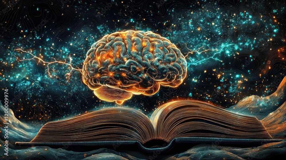 Poster Illuminated Brain Above Open Book Cosmic Background