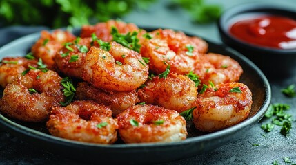 Fototapeta premium Spicy fried shrimp plate, close-up, kitchen, sauce.